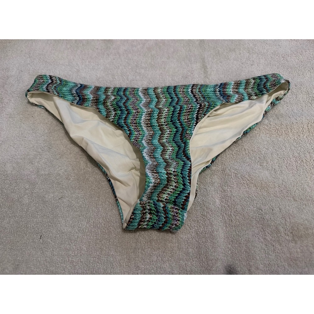 L Space Bitsy Cut Bikini Bottoms Large Green Teal Chevron Ruched Back NWOT